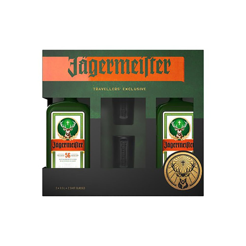 Jägermeister Doppelpack 2x 0,5 Liter inkl. Shot Glases 35%vol. Jägermeister Doppelpack 2x 0,5 Liter inkl. Shot Glases 35%vol.