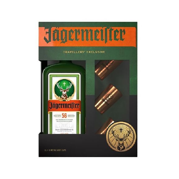 Jägermeister + 3 Metal Shot Cups 1 Liter 35%vol.