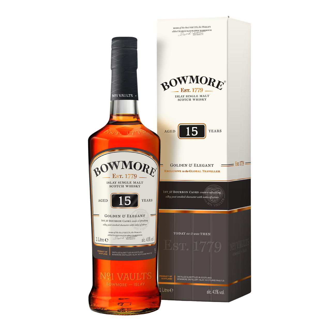 Bowmore 15 Years Golden & Elegant 1 liter 43% vol. Bowmore 15 Years Golden & Elegant 1 liter 43% vol.
