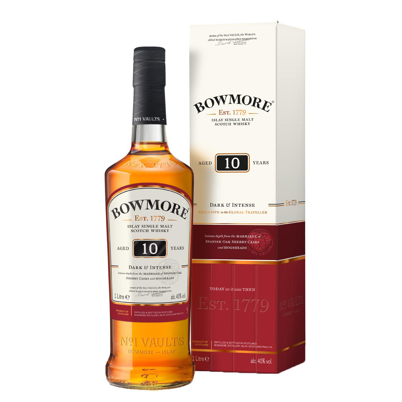 Bowmore 10 Years Dark and Intense 1 liter 40% vol. Bowmore 10 Years Dark and Intense 1 liter 40% vol.