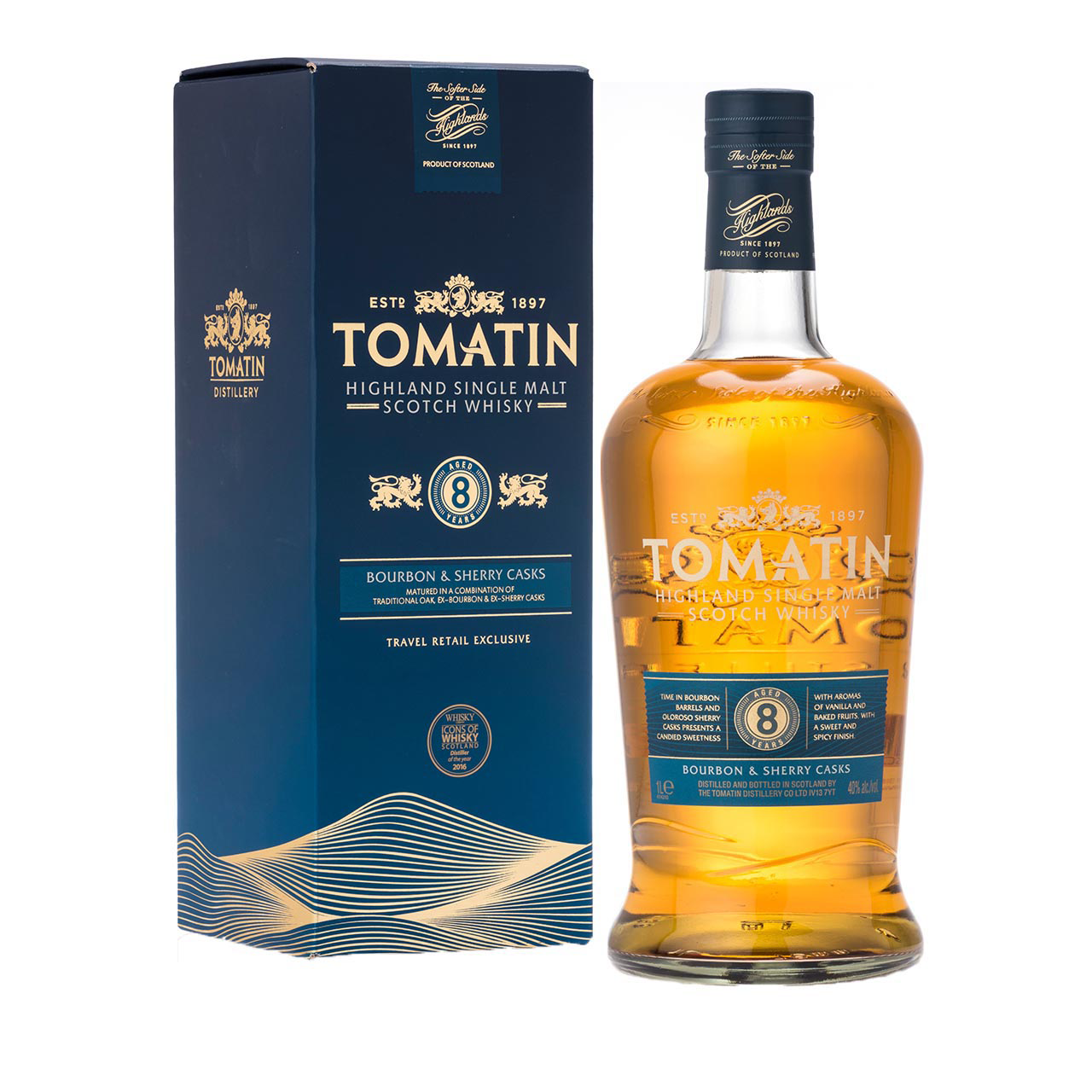 Tomatin 8 Years Bourbon & Sherry Cask 1 liter 40% vol. Tomatin 8 Years Bourbon & Sherry Cask 1 liter 40% vol.