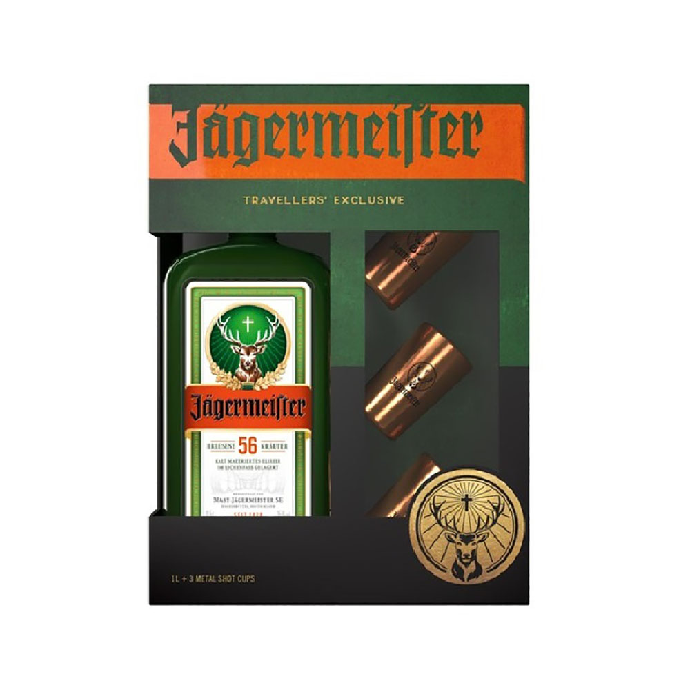 Jägermeister + 3 Metal Shot Cups 1 Liter 35%vol. Jägermeister + 3 Metal Shot Cups 1 Liter 35%vol.